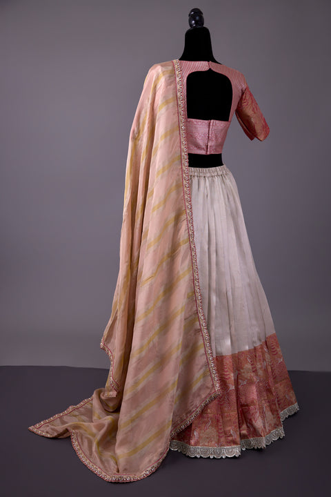 Off White & Peach Tissue Half Saree