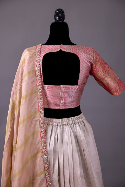 Off White & Peach Tissue Half Saree