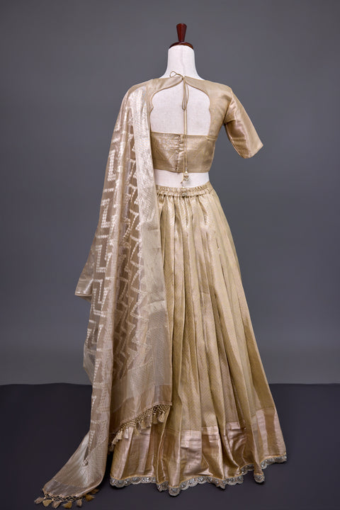 Beige and Gold Tissue Half Saree