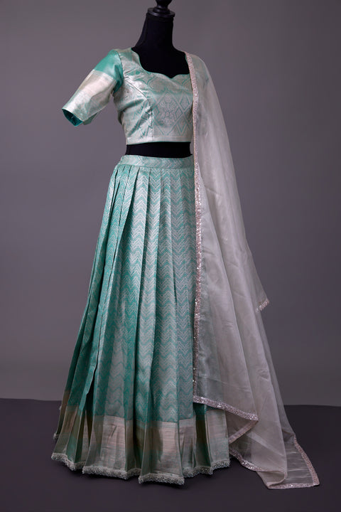 Green & Silver Tissue Half Saree