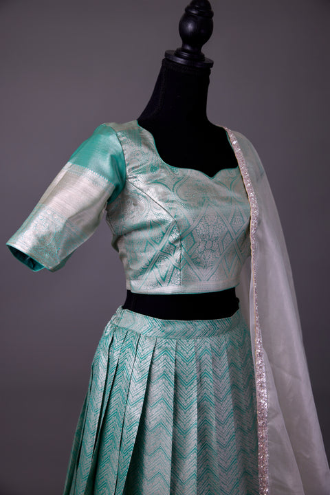 Green & Silver Tissue Half Saree