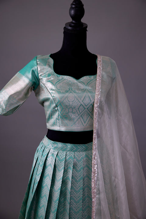 Green & Silver Tissue Half Saree
