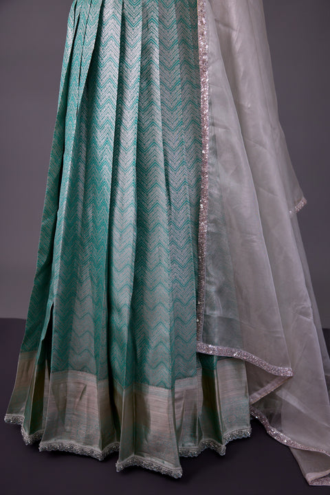 Green & Silver Tissue Half Saree