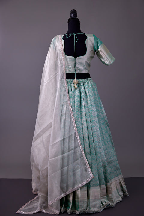 Green & Silver Tissue Half Saree
