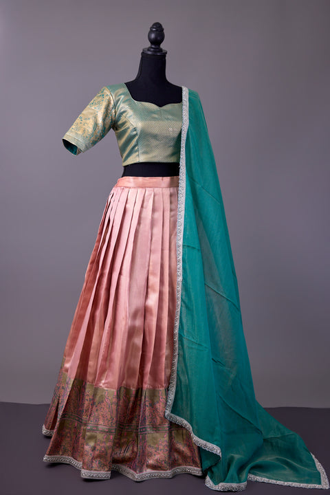 Peach & Green Tissue Half Saree