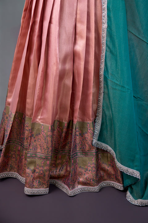 Peach & Green Tissue Half Saree