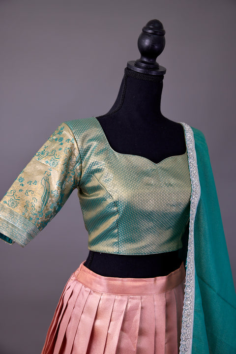 Peach & Green Tissue Half Saree