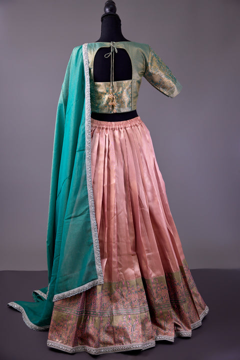 Peach & Green Tissue Half Saree