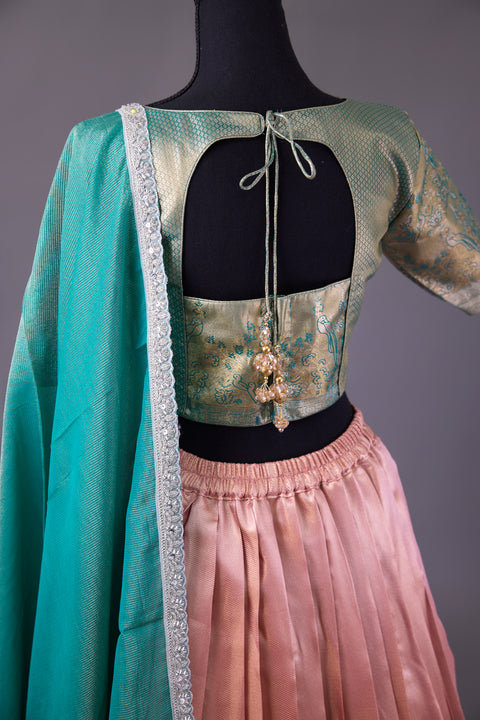 Peach & Green Tissue Half Saree
