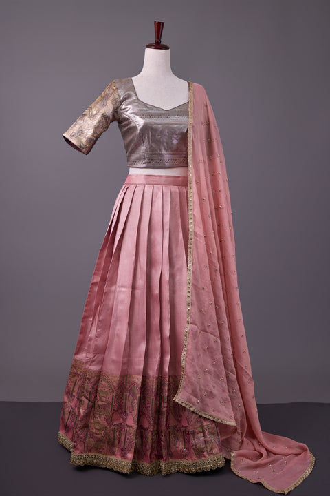 Pink & Brown Tissue Half Saree