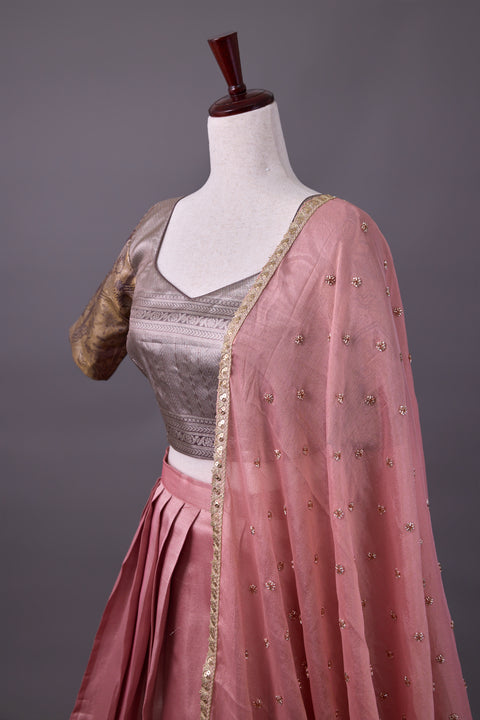 Pink & Brown Tissue Half Saree