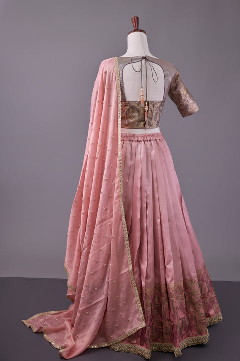 Pink & Brown Tissue Half Saree