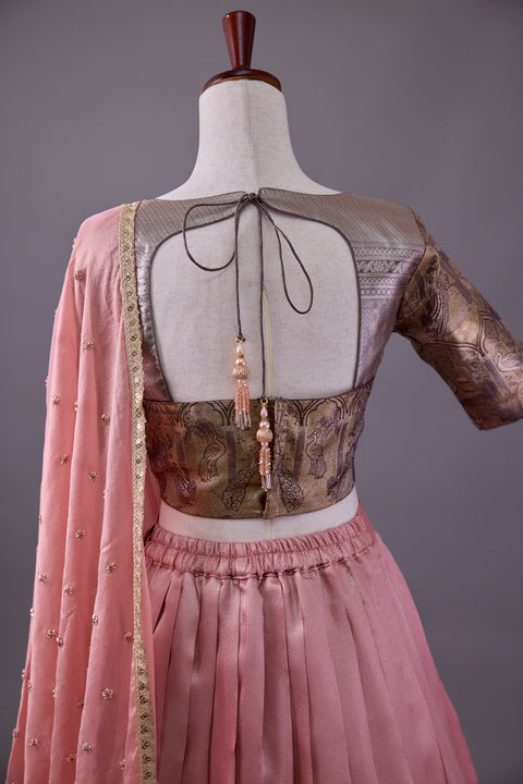 Pink & Brown Tissue Half Saree