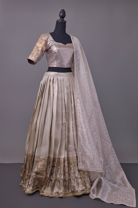 Off White & Brown Tissue Half Saree