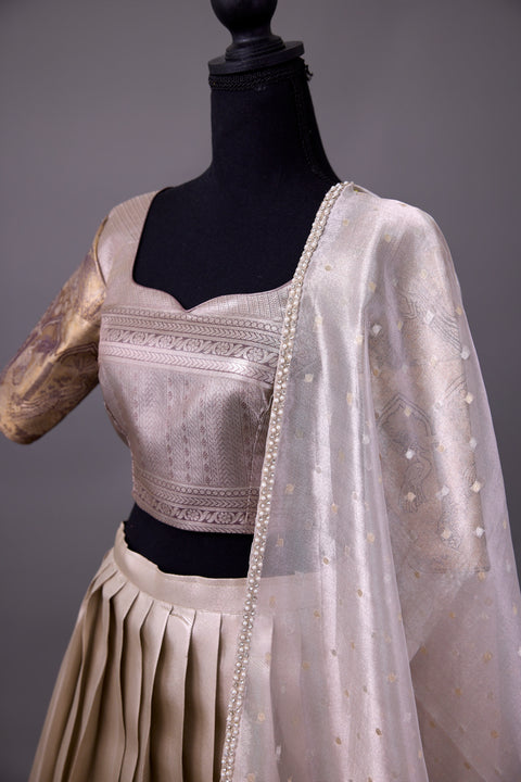 Off White & Brown Tissue Half Saree