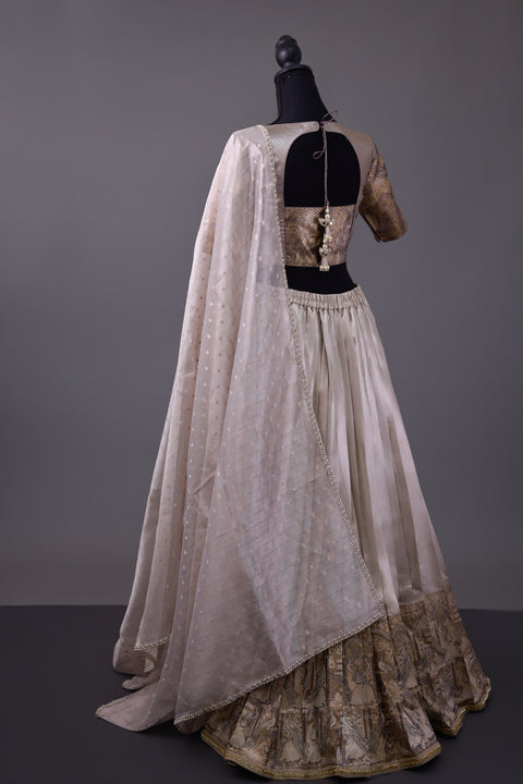 Off White & Brown Tissue Half Saree