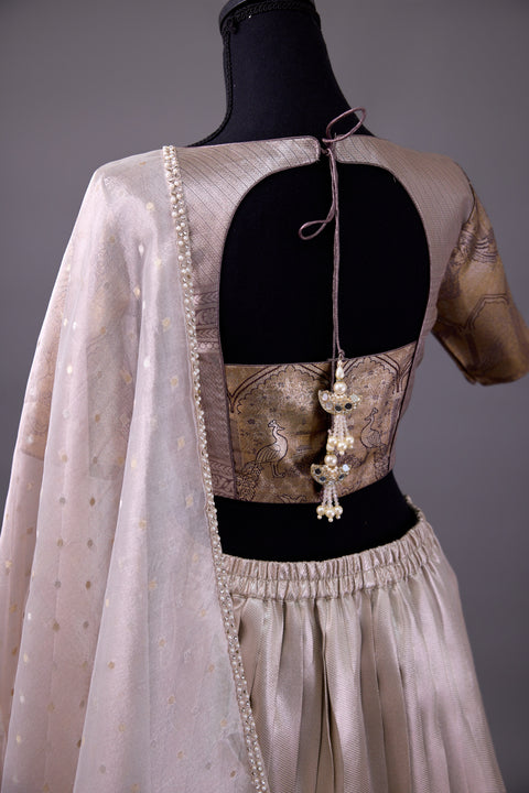 Off White & Brown Tissue Half Saree