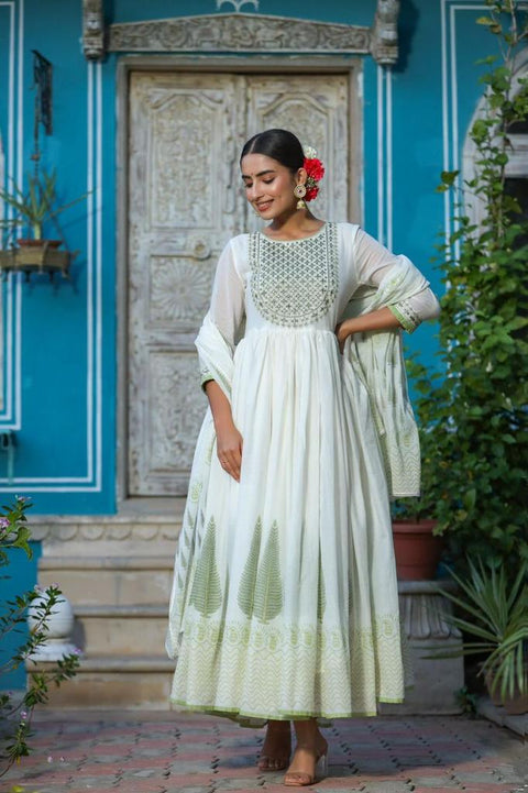 White and Green Long Kurti