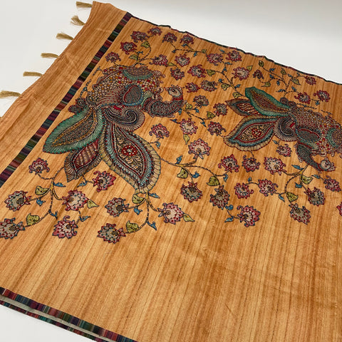 Mustard Kalamkari Tussar Saree