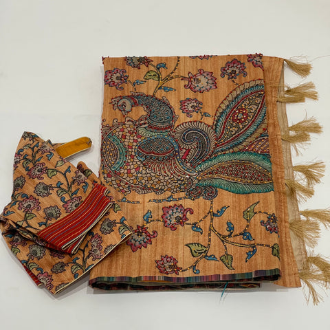 Mustard Kalamkari Tussar Saree