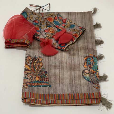 Grey Kalamkari Tussar Saree