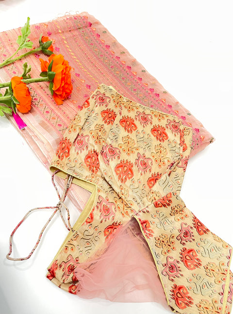 Peach Organza Saree Embroidary