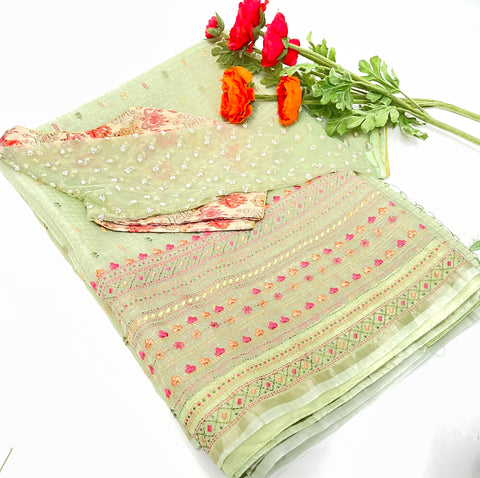 Mint Organza Saree Embroidary
