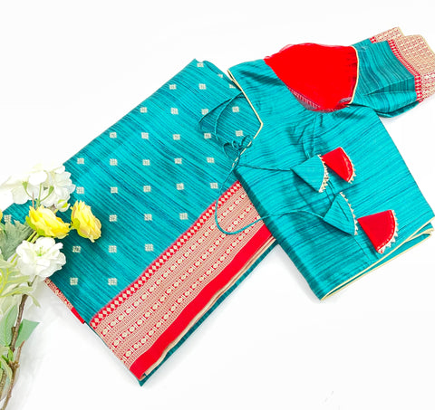 Green and Red Semi Tussar Saree