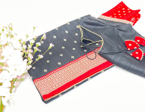 Black and Red Semi Tussar Saree