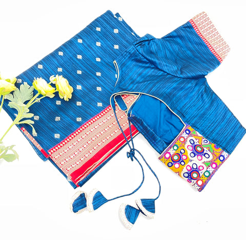 Blue and Red Semi Tussar Saree