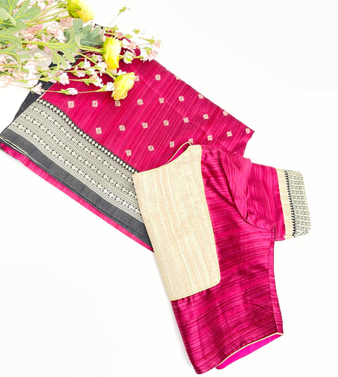 Pink and Black Semi Tussar Saree