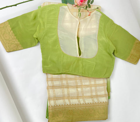 Off-White and Green Georgette saree