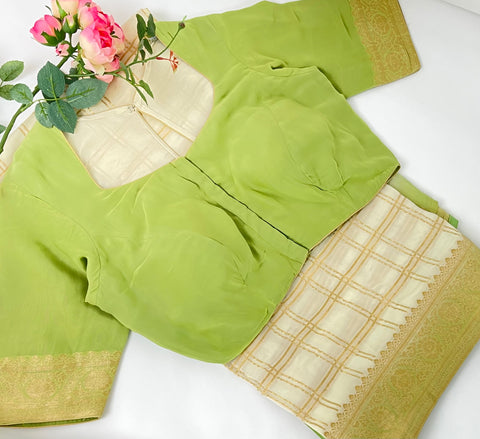 Off-White and Green Georgette saree