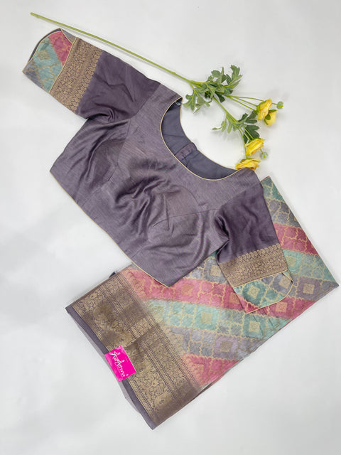 Grey, Blue, Pink Chanderi Silk Saree