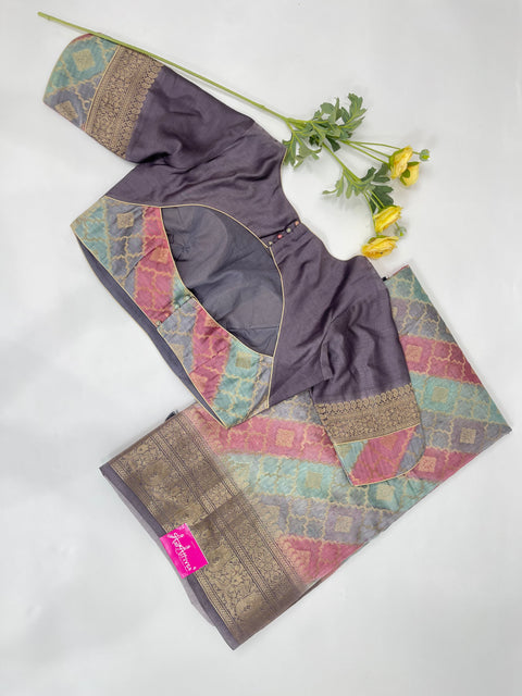 Grey, Blue, Pink Chanderi Silk Saree