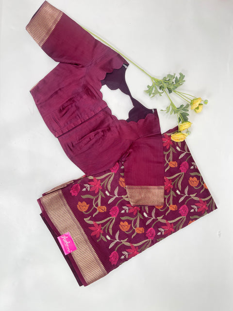 Maroon Embroidered Moonga Silk Saree