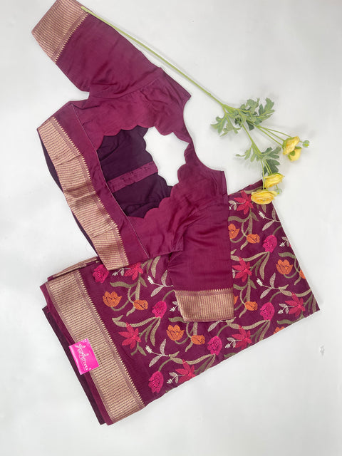Maroon Embroidered Moonga Silk Saree