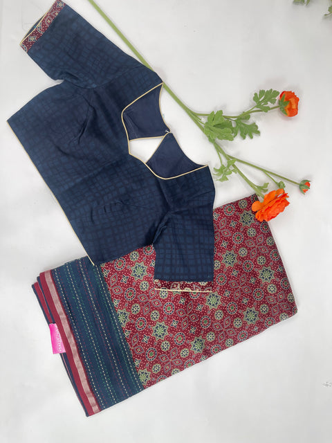 Red & Blue Chanderi Cotton Saree