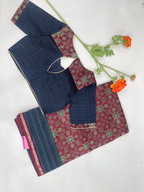 Red & Blue Chanderi Cotton Saree