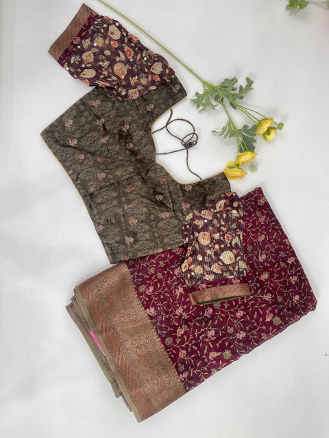 Maroon and Green Chanderi Cotton Saree