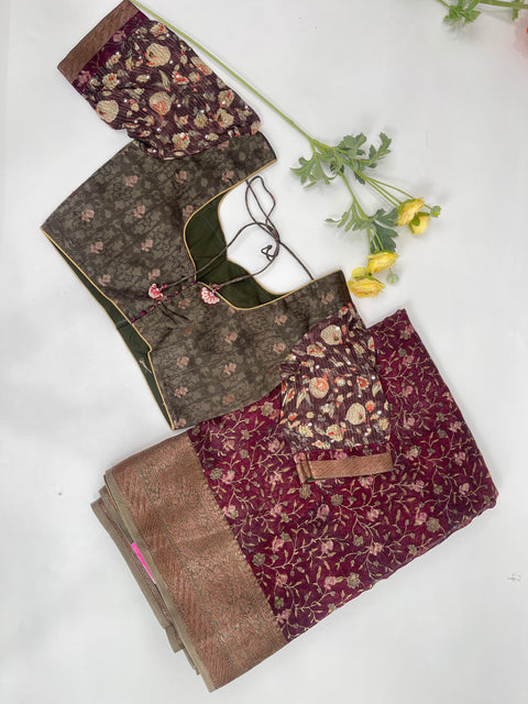Maroon and Green Chanderi Cotton Saree