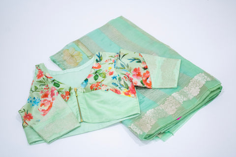 Light Mint Green Floral Organza Saree with Designer Blouse