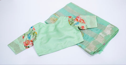 Light Mint Green Floral Organza Saree with Designer Blouse