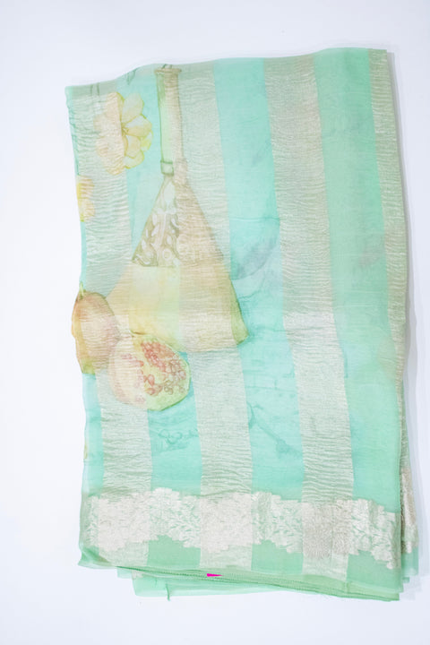 Light Mint Green Floral Organza Saree with Designer Blouse