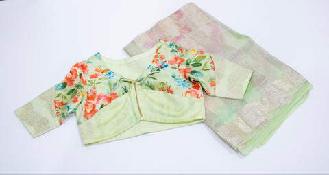 Light Green Floral Organza Saree with Designer Blouse