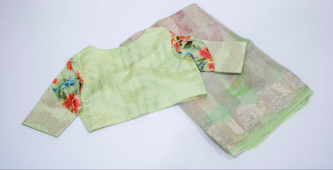 Light Green Floral Organza Saree with Designer Blouse
