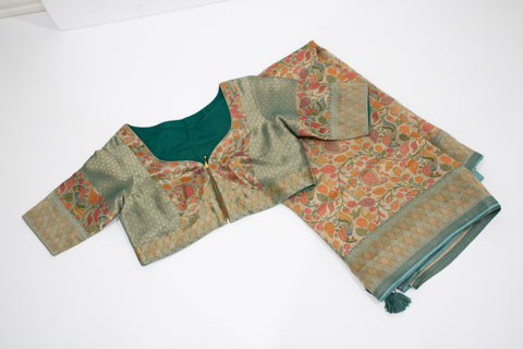 Pastel Sage Green Tissue Georgette Floral Saree with Zari Border