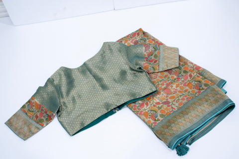 Pastel Sage Green Tissue Georgette Floral Saree with Zari Border