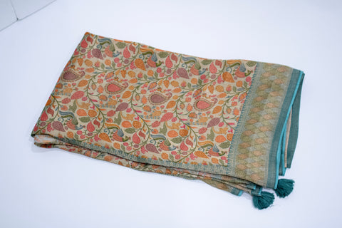 Pastel Sage Green Tissue Georgette Floral Saree with Zari Border