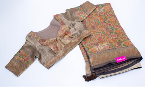 Beige Tissue Georgette Floral Saree with Zari Border